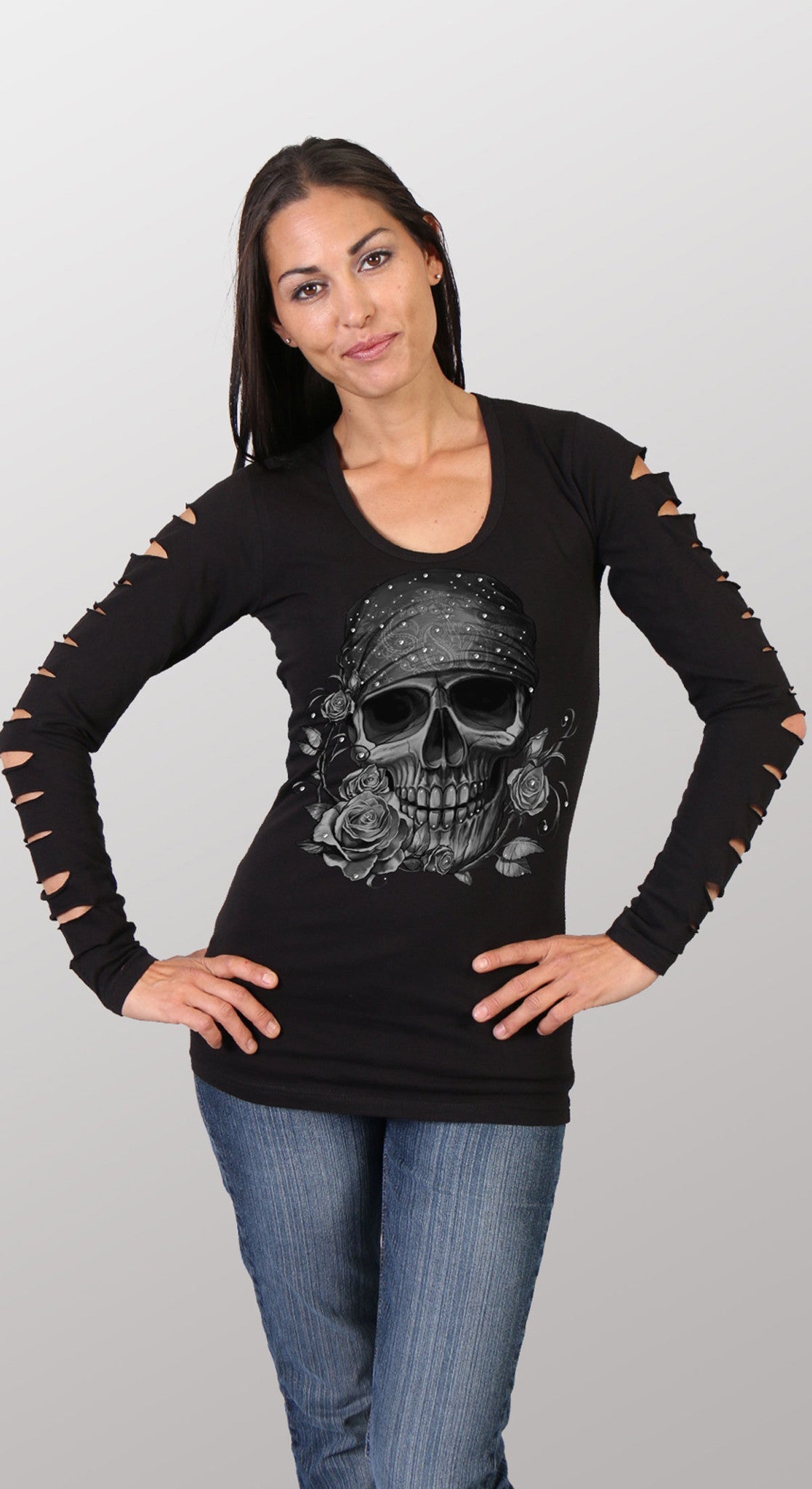 Hot Leathers Bandana Skull Ladies Slit Cut Long Sleeve w/ Rhinestones Ladies Long Sleeve - Tophatter Daily Deals