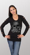 Hot Leathers Bandana Skull Ladies Slit Cut Long Sleeve w/ Rhinestones Ladies Long Sleeve - Tophatter Daily Deals