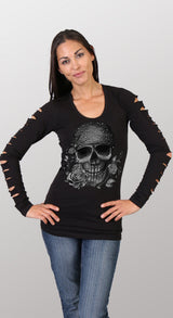 Hot Leathers Bandana Skull Ladies Slit Cut Long Sleeve w/ Rhinestones Ladies Long Sleeve - Tophatter Daily Deals