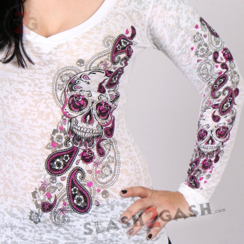 Hot Leathers Women's Sugar Paisley Burn-Out V-Neck Long Sleeve Shirt Ladies Long Sleeve - Tophatter Daily Deals