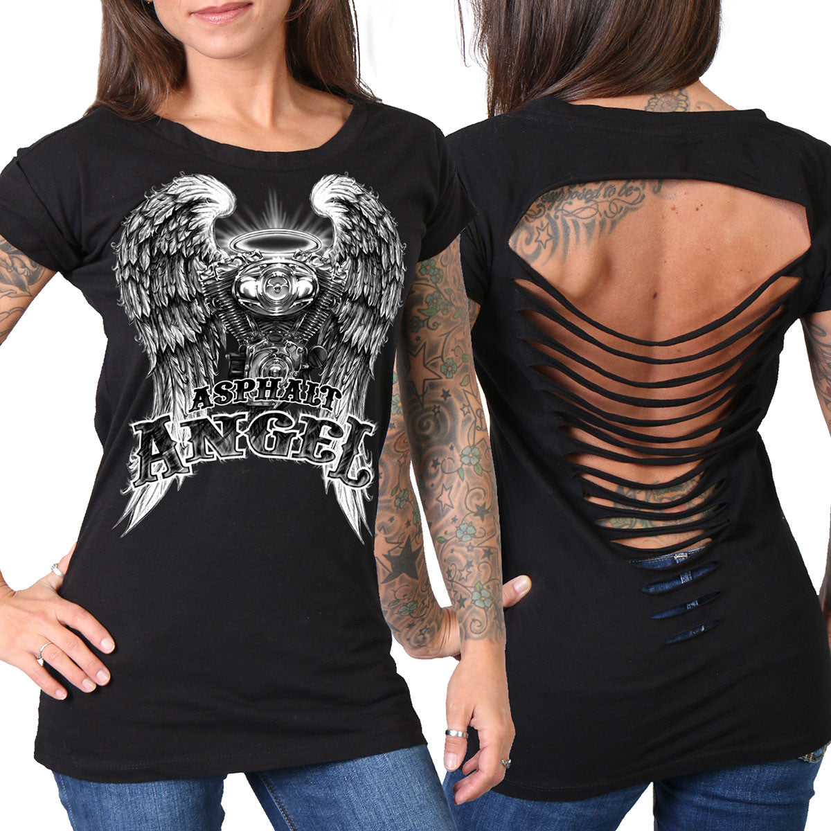 Hot Leathers Slit Back Asphalt Angel Ladies T-Shirt Ladies Short Sleeve - Tophatter Daily Deals