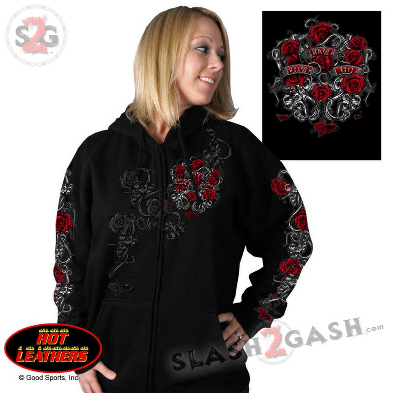 Hot Leathers Womens Hooded Sweatshirt with Live, Love, Ride and Roses Hoodies & Sweatshirts - Tophatter Daily Deals