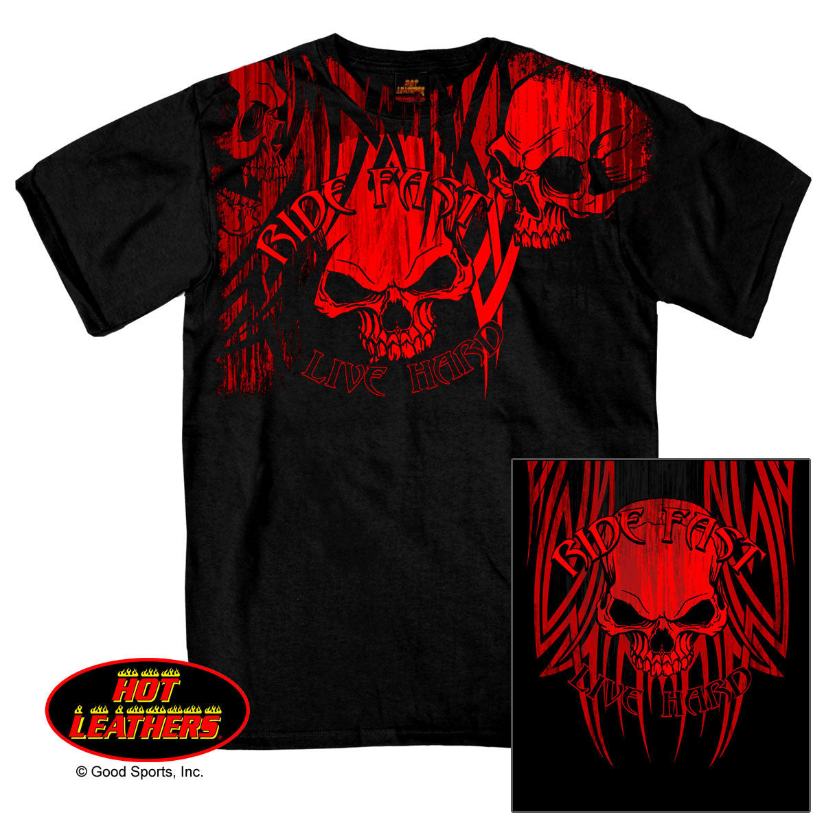 Hot Leathers Over The Top Red Tribal Skull T-Shirt Ride Fast Live Hard Mens Short Sleeve - Tophatter Daily Deals
