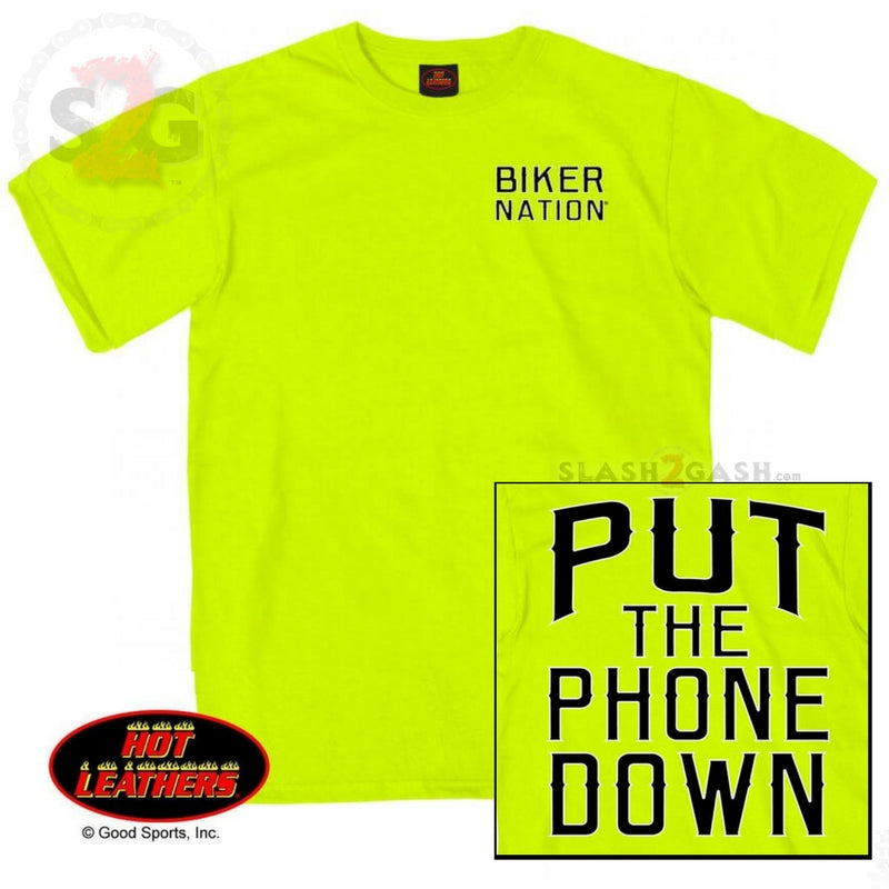 NEW! Hot Leathers Put The Phone Down Biker T-Shirt Safety Green Hi-Vis Mens Short Sleeve - Tophatter Daily Deals