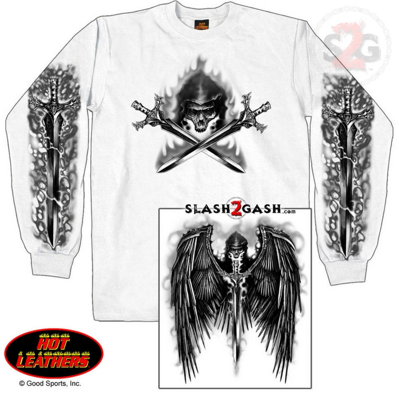 Hot Leathers Reaper Wings Long Sleeve Tee Double Sided Skull & Swords Mens Long Sleeve - Tophatter Daily Deals