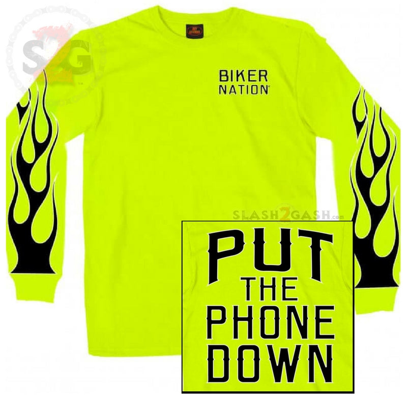 NEW! Hot Leathers Put The Phone Down Long Sleeve Biker Shirt Safety Green Mens Long Sleeve - Tophatter Daily Deals