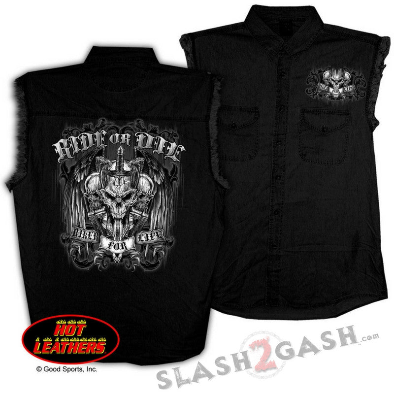 Hot Leathers Ride or Die Skull Sleeveless Denim Biker For Life Shirt Sleeveless Denim - Tophatter Daily Deals