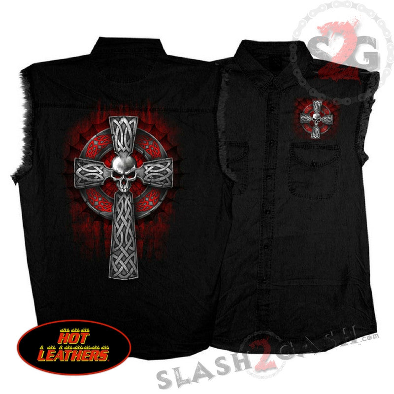 Hot Leathers Celtic Cross Black Sleeveless Denim Button Up Biker Shirt Sleeveless Denim - Tophatter Daily Deals