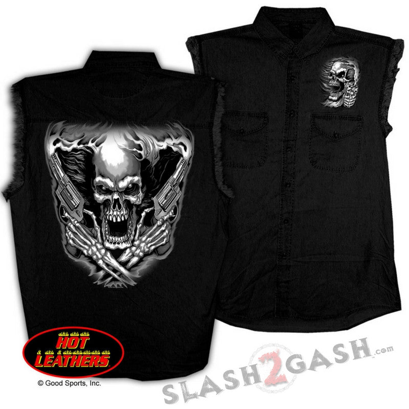 Hot Leathers Assassin Sleeveless Denim Biker Shirt Skull & Pistols Sleeveless Denim - Tophatter Daily Deals