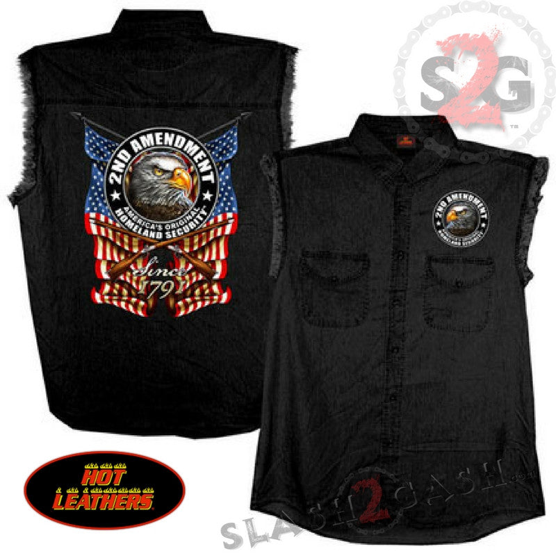 Hot Leathers New Down Flag Sleeveless Denim Button Up Biker Shirt Sleeveless Denim - Tophatter Daily Deals