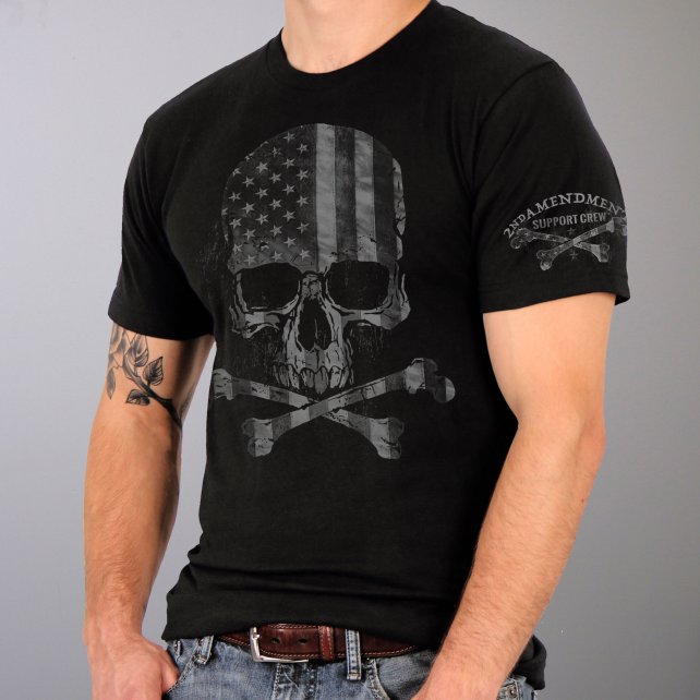 Faded Flag Skull T-Shirt 2nd Amendment Support Crew Sleeve Print Mens Short Sleeve - Tophatter Daily Deals