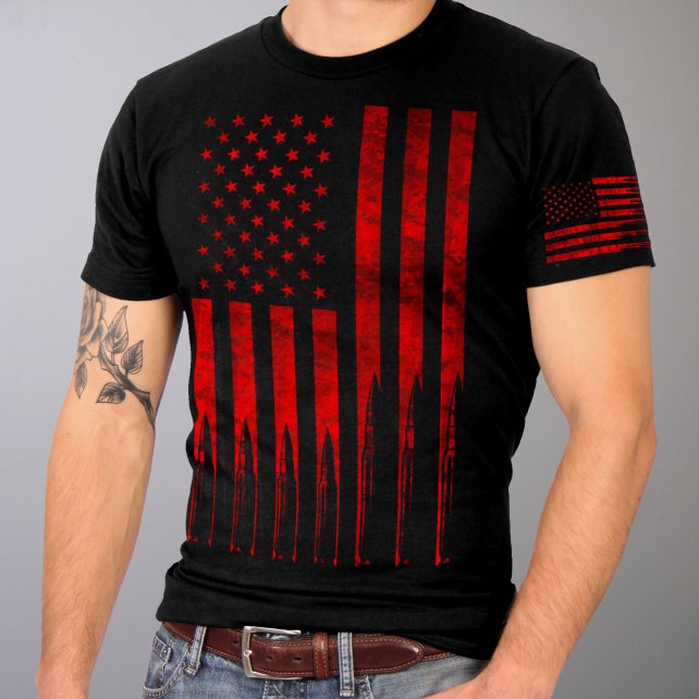 American Flag Bullets T-Shirt Red Sleeve Print Custom slash2gash Mens Short Sleeve - Tophatter Daily Deals