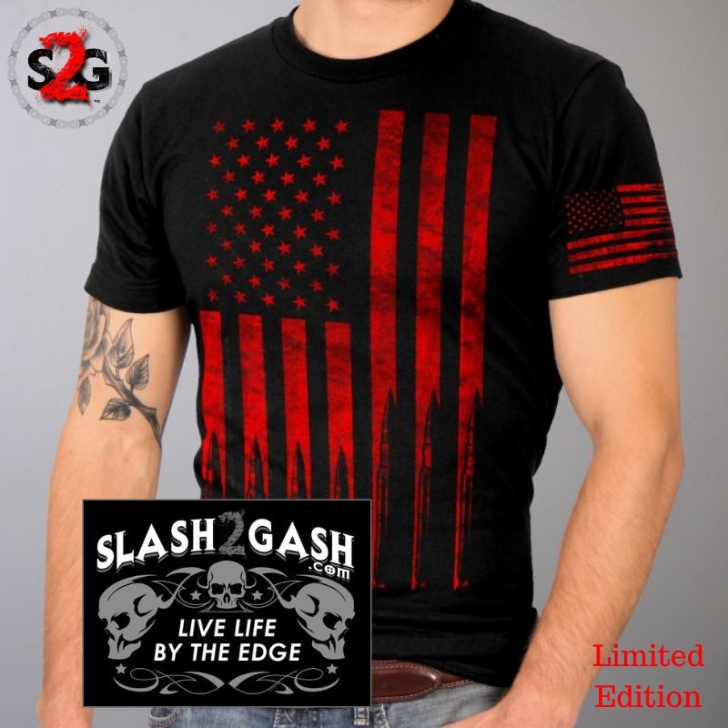 American Flag Bullets T-Shirt Red Sleeve Print Custom slash2gash Mens Short Sleeve - Tophatter Daily Deals