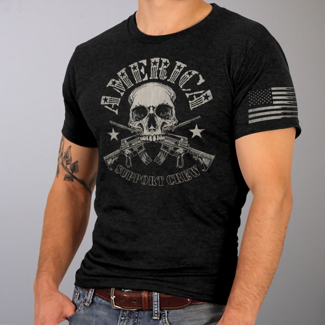 America Support Crew T-Shirt Skull and Crossed Guns Sleeve Print Mens Short Sleeve - Tophatter Daily Deals