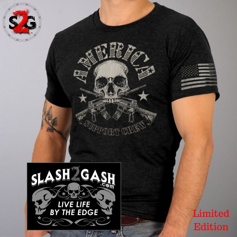America Support Crew T-Shirt Skull and Crossed Guns Sleeve Print Mens Short Sleeve - Tophatter Daily Deals