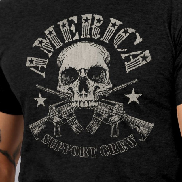 America Support Crew T-Shirt Skull and Crossed Guns Sleeve Print Mens Short Sleeve - Tophatter Daily Deals