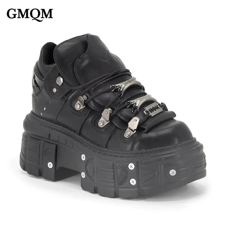 GMQM Fashion Women's Flat Platform Ankle Boots Black Punk Style Round Toe Thick Sole Rock Boots Metal Decor Y2k Halloween Shoes - Tophatter Daily Deals