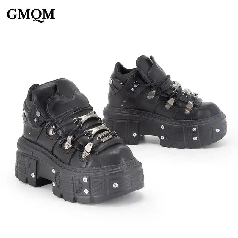 GMQM Fashion Women's Flat Platform Ankle Boots Black Punk Style Round Toe Thick Sole Rock Boots Metal Decor Y2k Halloween Shoes - Tophatter Daily Deals