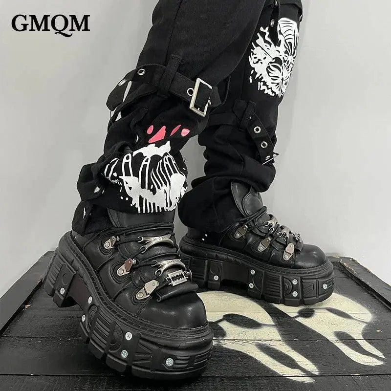 GMQM Fashion Women's Flat Platform Ankle Boots Black Punk Style Round Toe Thick Sole Rock Boots Metal Decor Y2k Halloween Shoes - Tophatter Daily Deals