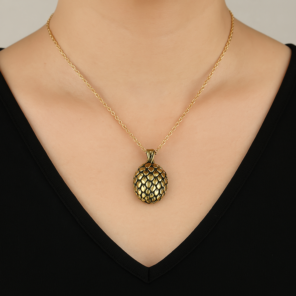 Gold Dragon Egg Pendant Necklace – Antique Fantasy-Inspired Jewelry with Textured Scale Design, 18" Chain Necklaces - Tophatter Daily Deals