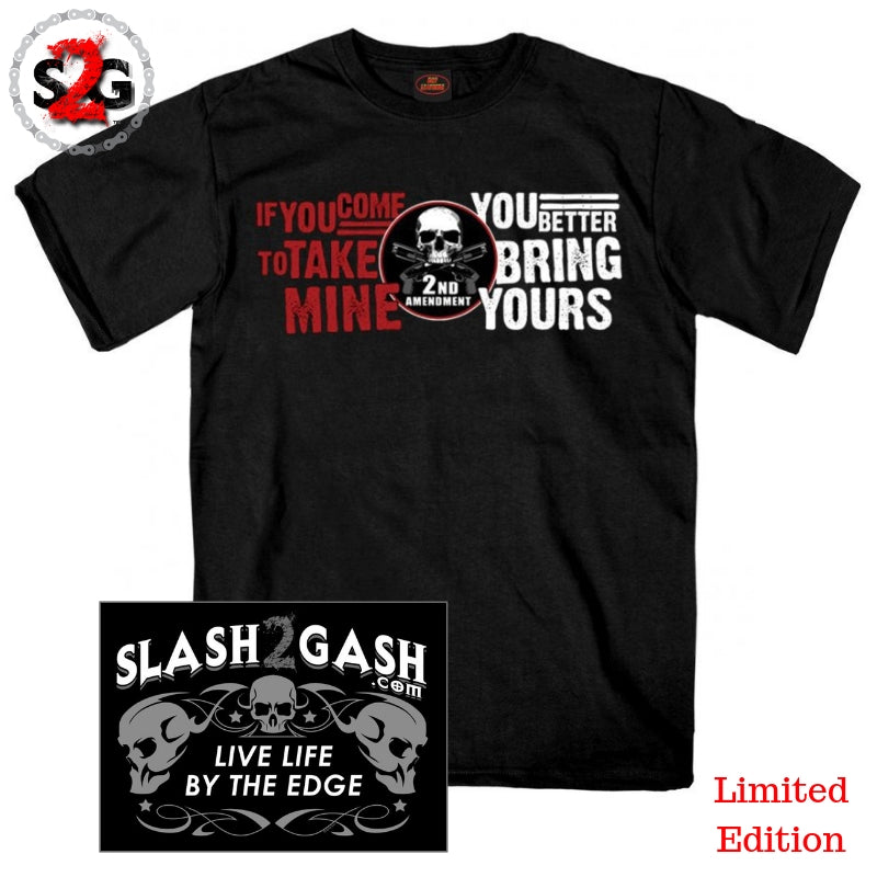 2nd Amendment "COME FOR MINE" T-Shirt Gun Rights Skull "BRING YOURS" Slash2Gash S2G Mens Short Sleeve - Tophatter Daily Deals