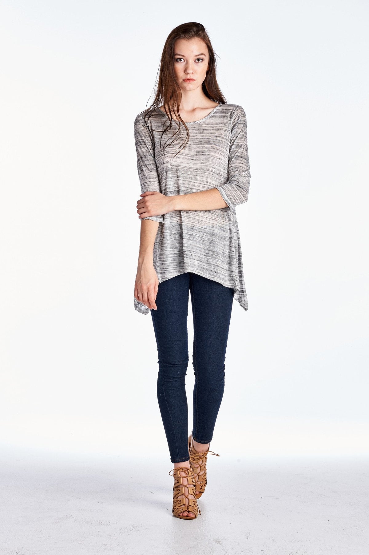 Women's 3/4 Three Quarter Sleeve Grey & White Stripe Shark Tail Top Tops - Tophatter Daily Deals