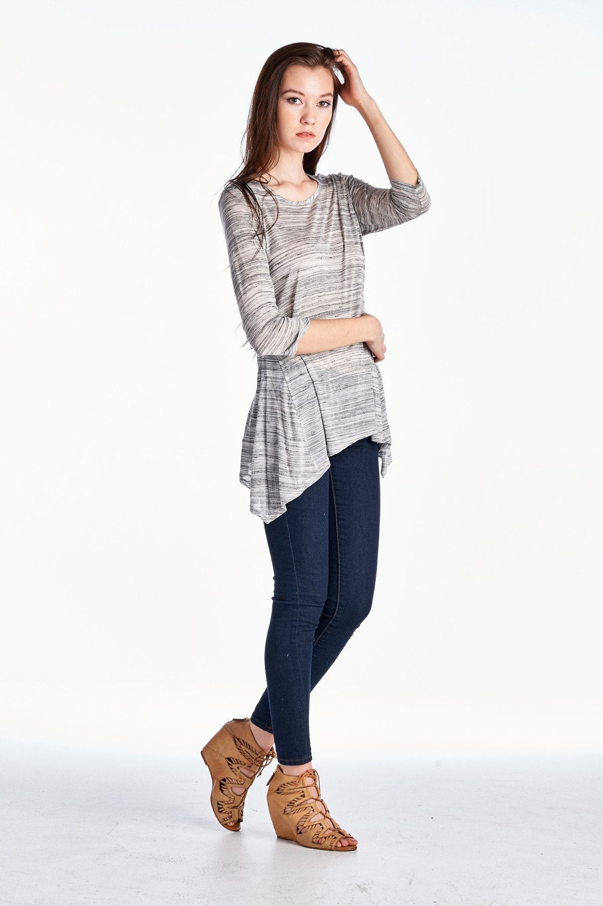 Women's 3/4 Three Quarter Sleeve Grey & White Stripe Shark Tail Top Tops - Tophatter Daily Deals