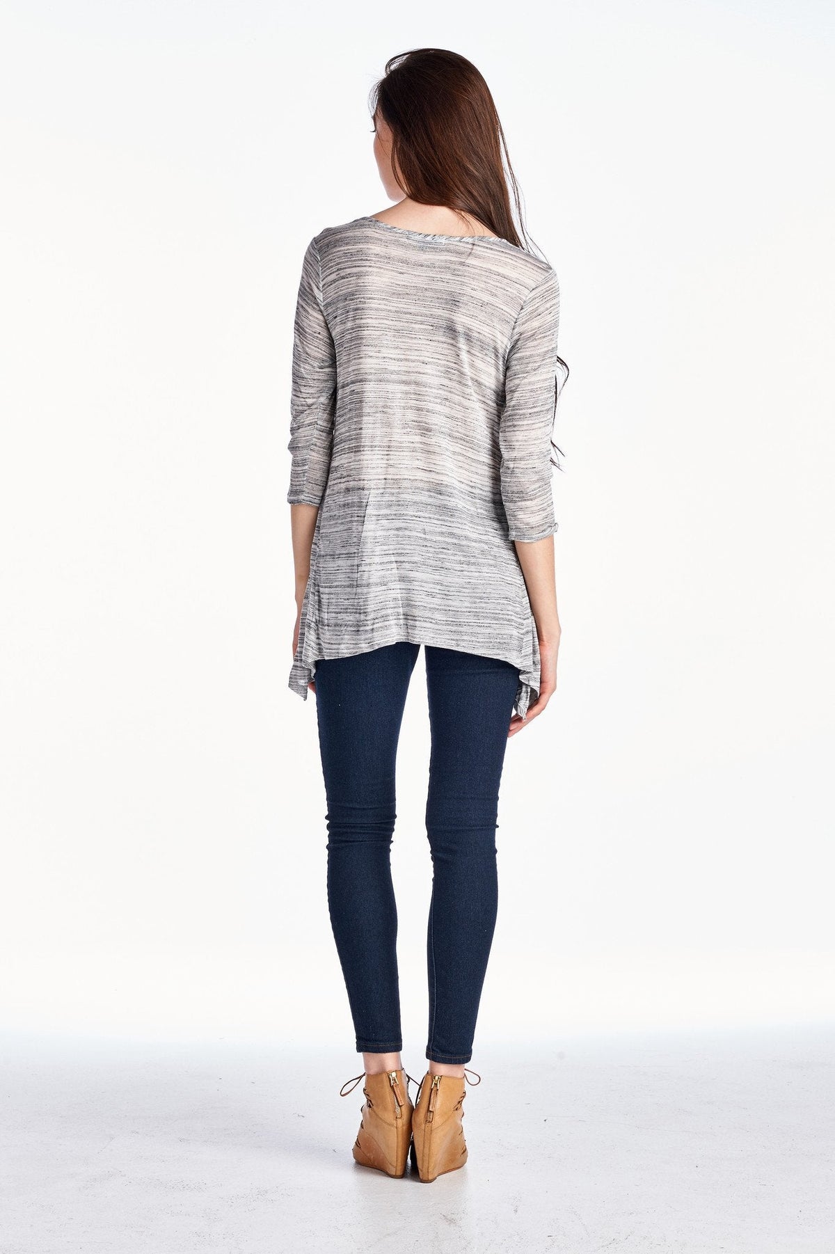 Women's 3/4 Three Quarter Sleeve Grey & White Stripe Shark Tail Top Tops - Tophatter Daily Deals