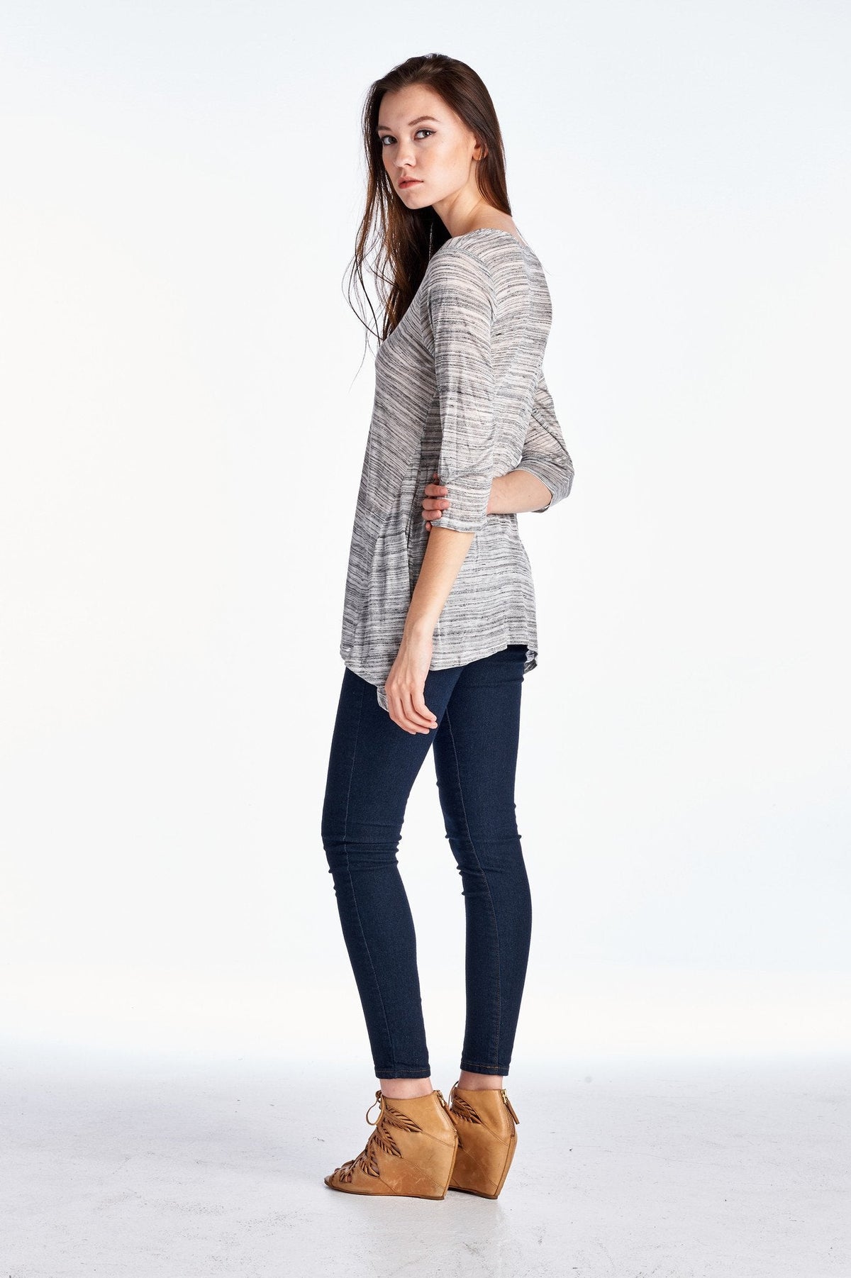 Women's 3/4 Three Quarter Sleeve Grey & White Stripe Shark Tail Top Tops - Tophatter Daily Deals