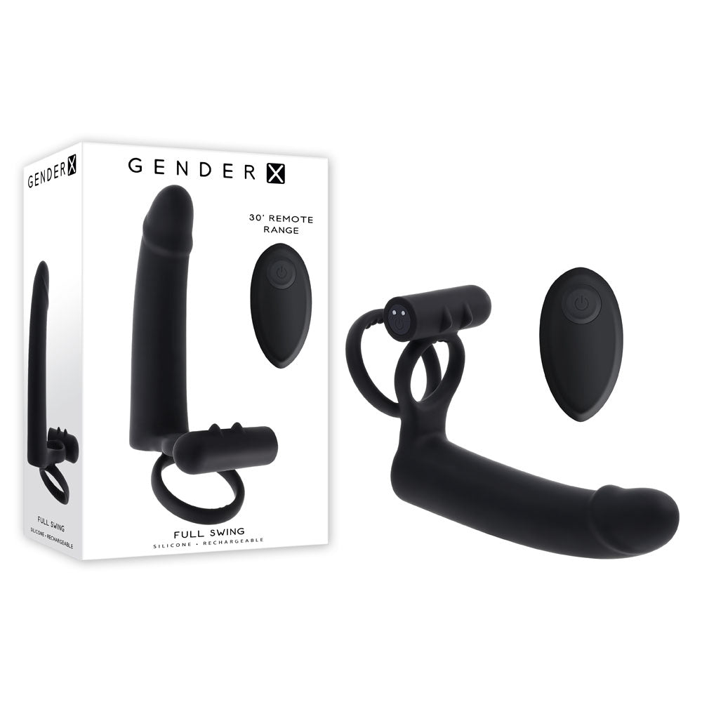 Gender X Full Swing Vibrating Cock Ring with Double Penetrator Dildo Black > Cock Ring > Vibrating - Tophatter Daily Deals