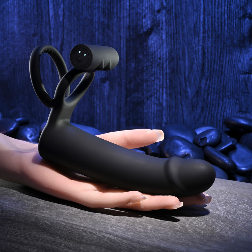 Gender X Full Swing Vibrating Cock Ring with Double Penetrator Dildo Black > Cock Ring > Vibrating - Tophatter Daily Deals
