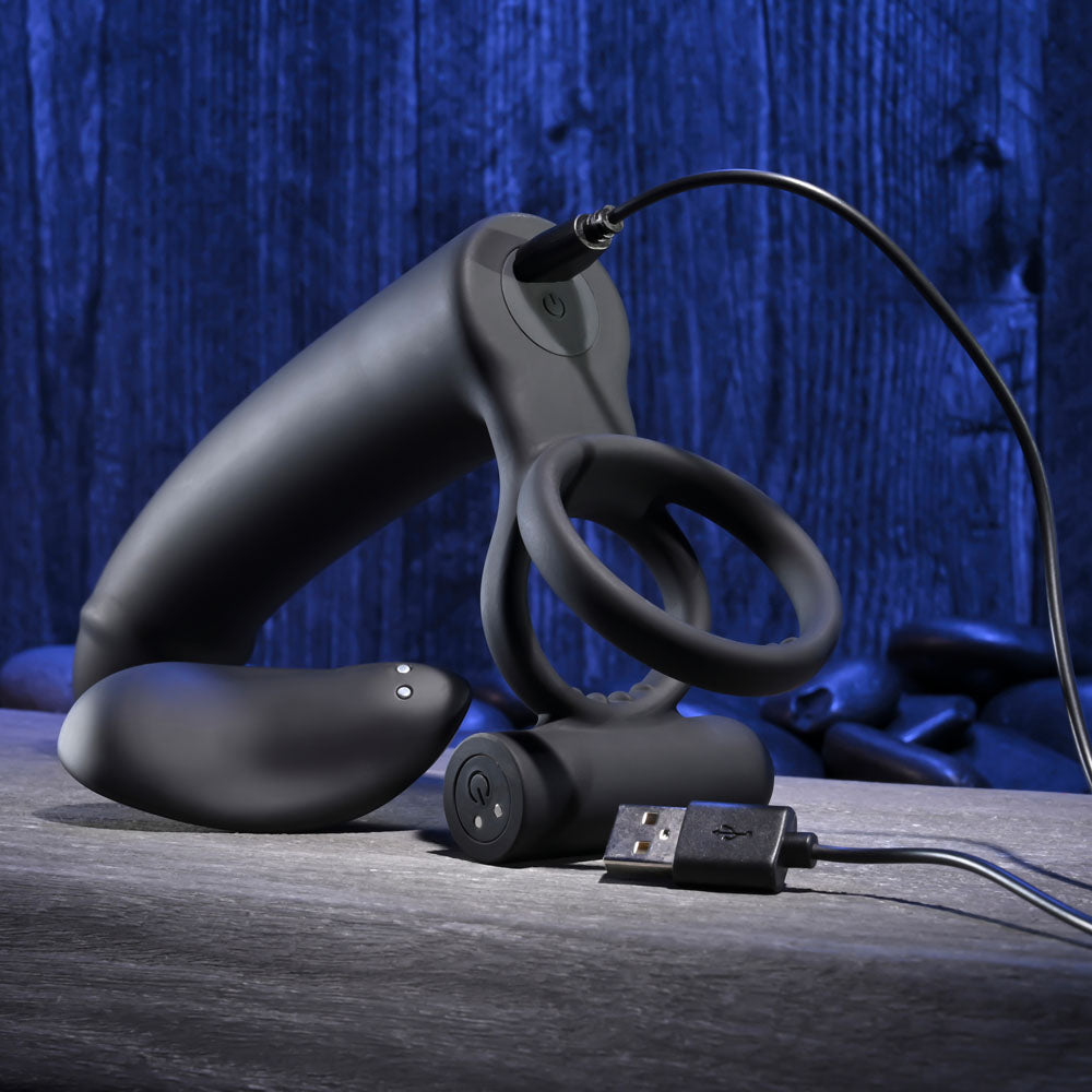 Gender X Full Swing Vibrating Cock Ring with Double Penetrator Dildo Black > Cock Ring > Vibrating - Tophatter Daily Deals