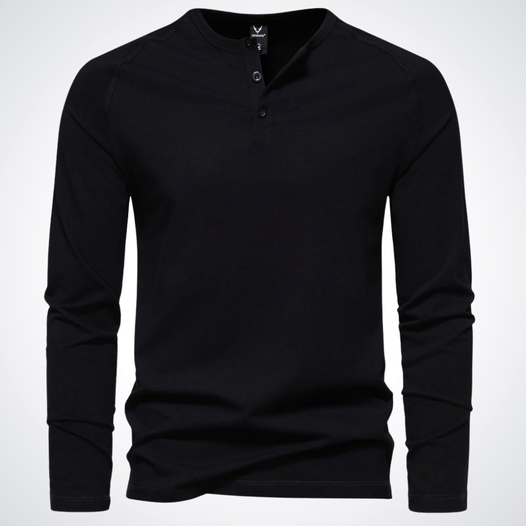 Lightweight Mens Long Sleeve Henley - Fitted Cotton, Casual Black - Tophatter Daily Deals