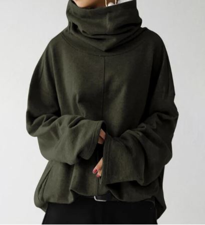 Oversized Women Turtleneck Sweatshirt - Funnel Neck, Cotton Green - Tophatter Daily Deals