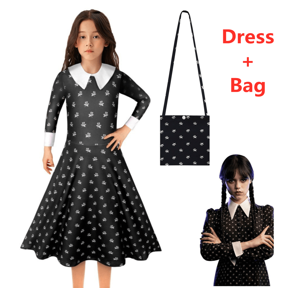 Wednesday Addams Costume - Addams Family Costume Outfit Girls Kids Party Fancy Dress Bag Festive & Franchise - Tophatter Daily Deals