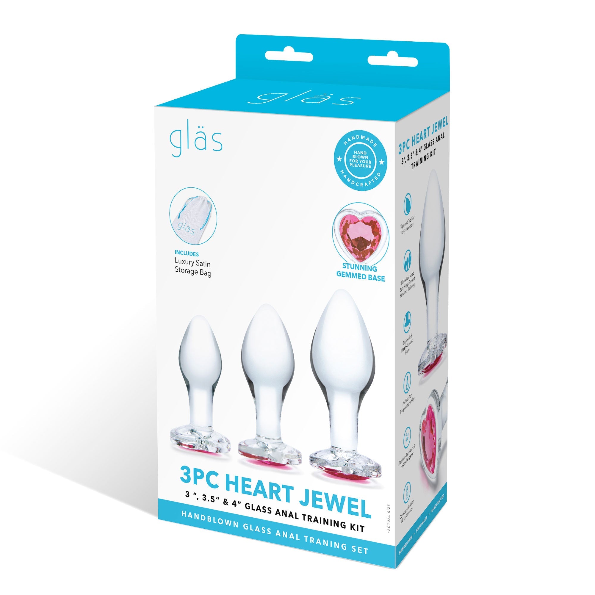 Glas 3 Inch 3.5 Inch 4 Inch 3PC Heart Jewel Clear Glass Anal Training Kit > Glass > Toys - Tophatter Daily Deals