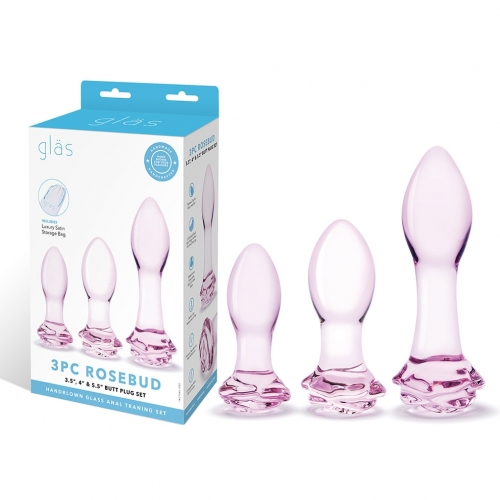 Glas 3PC Rosebud Butt Plug Set Pink Handblown Glass Anal Training Set 3.5, 4.5, and 5.5 Inches > Glass > Toys - Tophatter Daily Deals