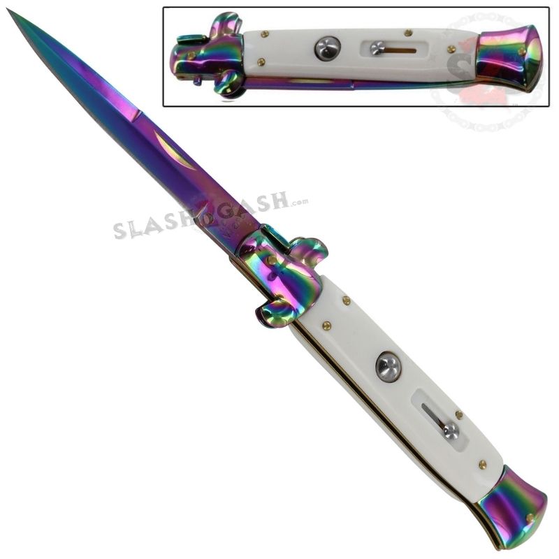 10" Grande Godfather Stiletto Automatic Knife - Rainbow White Knife-Auto - Tophatter Daily Deals