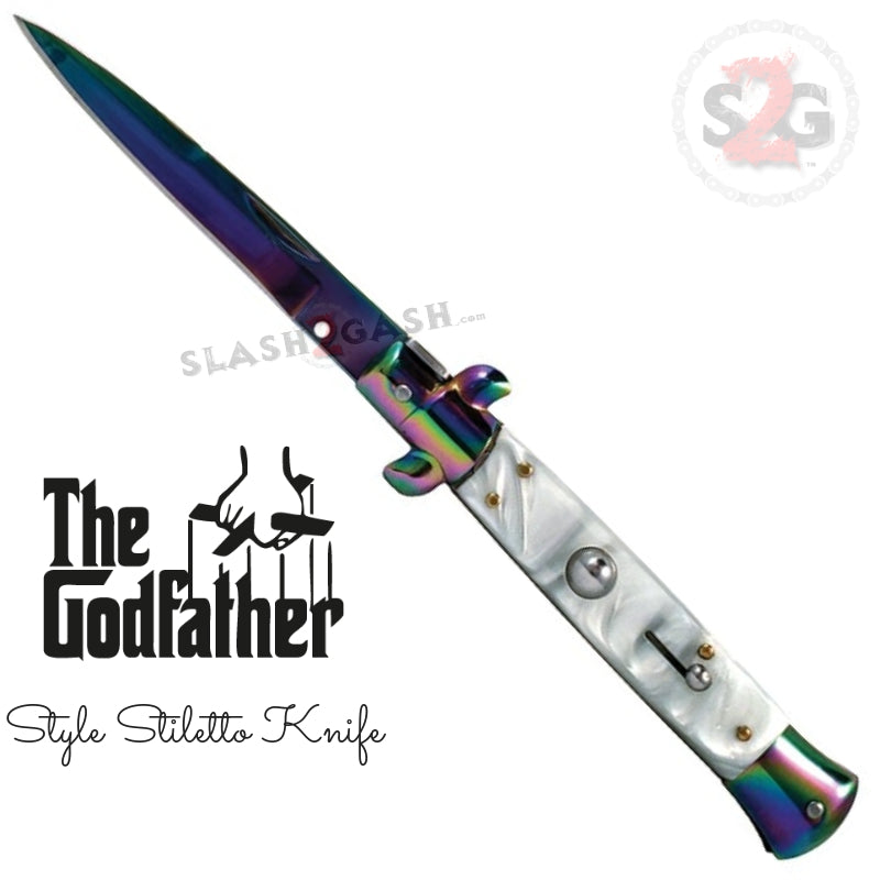 Godfather Stiletto Automatic Knife Classic Switchblade - asst. Colors Rainbow - White Pearl (Removable Spring Pin) Knife-Auto - Tophatter Daily Deals