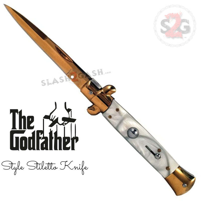 Godfather Stiletto Automatic Knife Classic Switchblade - asst. Colors Gold - White Pearl (Removable Spring Pin) Knife-Auto - Tophatter Daily Deals