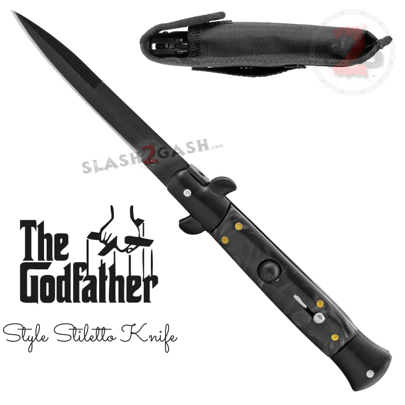 Godfather Stiletto Knife Italian Style Switchblade - All Black Pearl Black Pearl Knife-Auto - Tophatter Daily Deals