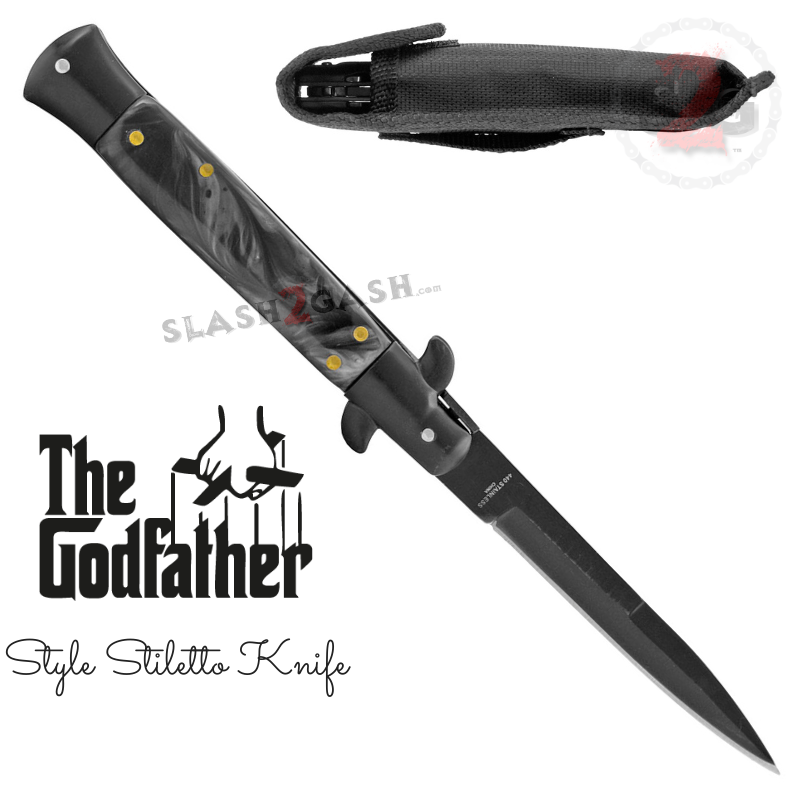 Godfather Stiletto Knife Italian Style Switchblade - All Black Pearl Knife-Auto - Tophatter Daily Deals