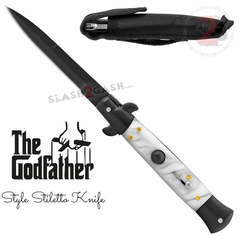 Godfather Stiletto Knife Italian Style Switchblade - Black/White Pearl Black Pearl Knife-Auto - Tophatter Daily Deals