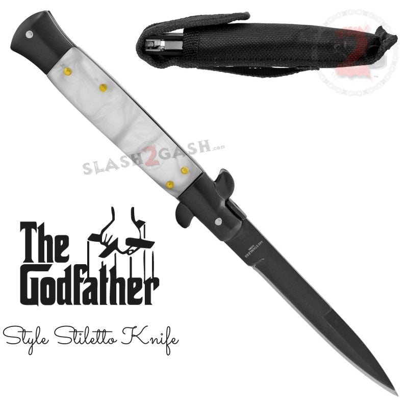 Godfather Stiletto Knife Italian Style Switchblade - Black/White Pearl Knife-Auto - Tophatter Daily Deals