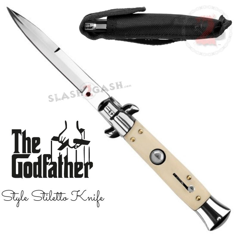Godfather Stiletto Knife Italian Style Automatic Classic Switchblade Silver - White Bone (faux) Knife-Auto - Tophatter Daily Deals