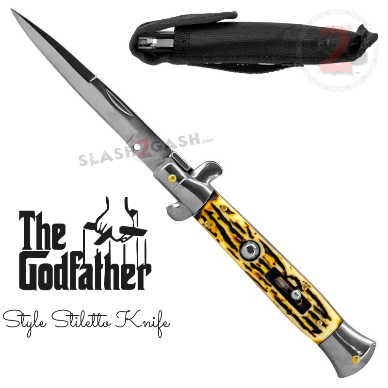 Godfather Stiletto Knife Italian Style Automatic Classic Switchblade Silver - Stag Horn (faux) Knife-Auto - Tophatter Daily Deals