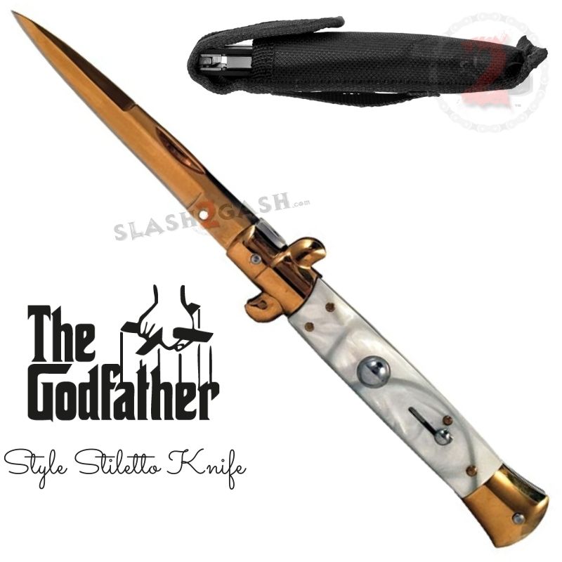 Godfather Stiletto Knife Italian Style Automatic Classic Switchblade Gold - White Pearl (Removable Spring Pin, no sheath) Knife-Auto - Tophatter Daily Deals