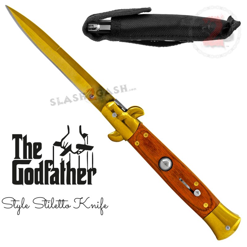 Godfather Stiletto Knife Italian Style Automatic Classic Switchblade Gold - Rosewood Knife-Auto - Tophatter Daily Deals