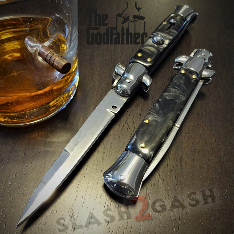 Godfather Stiletto Knife Italian Style Automatic Classic Switchblade Silver - Black Pearl (BK1) Knife-Auto - Tophatter Daily Deals
