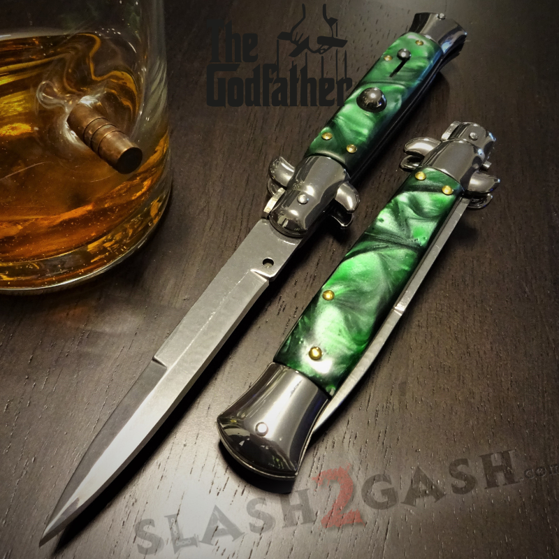 Godfather Stiletto Knife Italian Style Automatic Classic Switchblade Silver - Green Pearl Knife-Auto - Tophatter Daily Deals